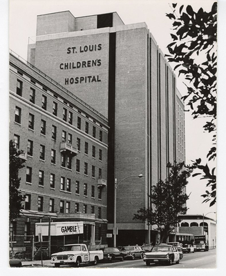 black and white image of St. Louis Children's Hospital buildings street view circa 1971